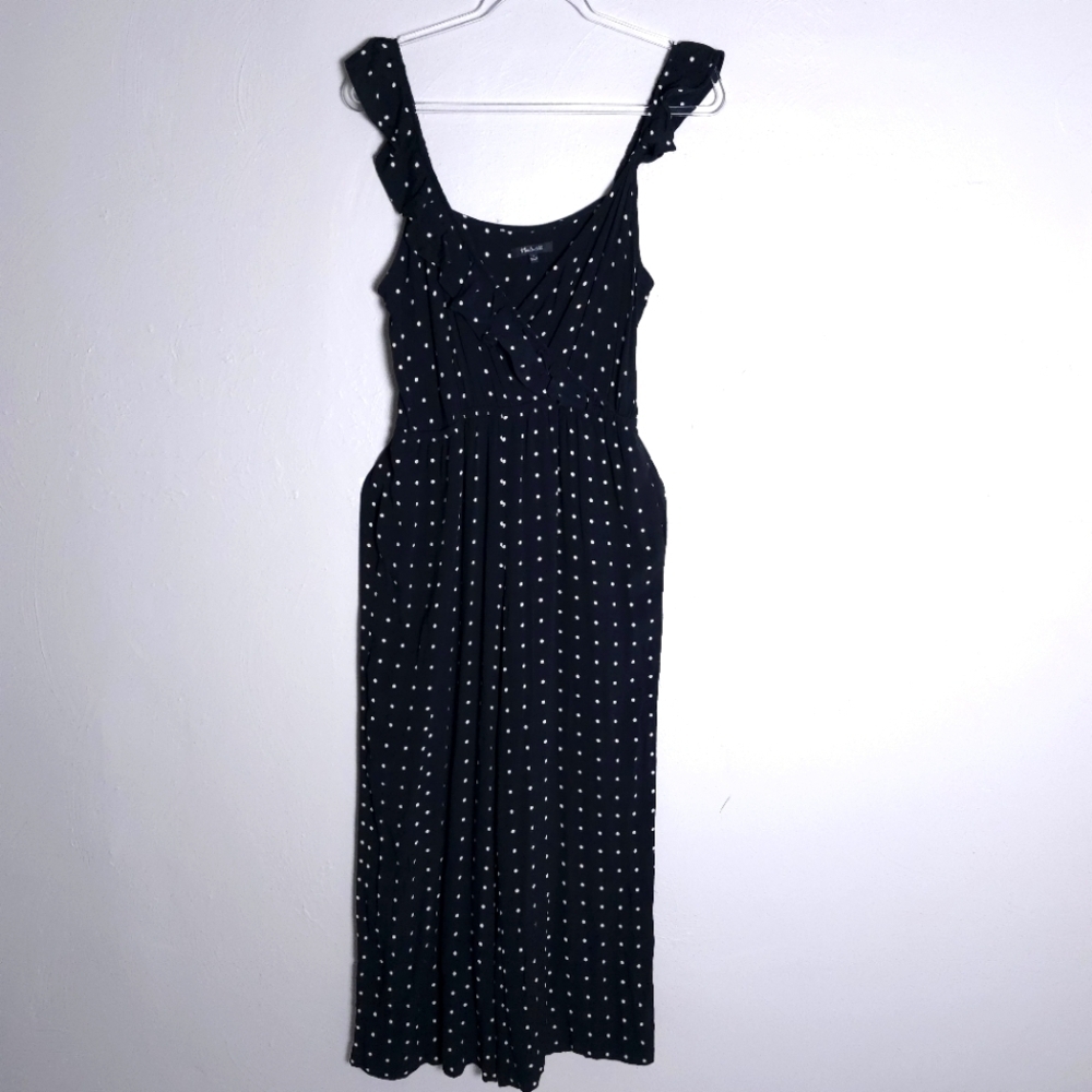 Madewell Ruffle-Front Wrap Jumpsuit in Grid Dot Black White Polka Dot AB336